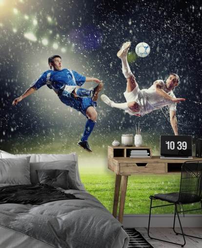 blå, grøn og hvid tilpasselig fodbold tapet vægmaleri kaldet Two Football Players Striking the Ball til børns soveværelse