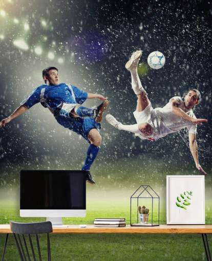 blue, green and white customizable football wallpaper mural called Two Football Players Striking the Ball for kid's bedroom