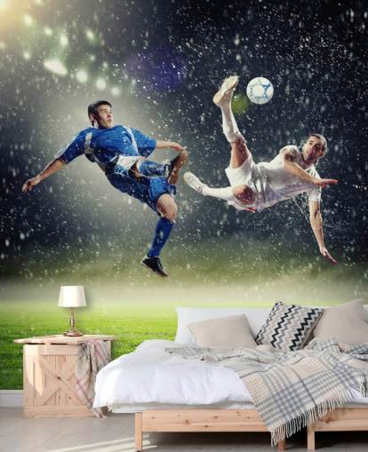 papier peint mural de football personnalisable bleu, vert et blanc intitulé Two Football Players Striking the Ball pour chambre d'enfant papier peint mural de football personnalisable bleu, vert et blanc intitulé Two Football Players Striking the Ball pour chambre d'enfant