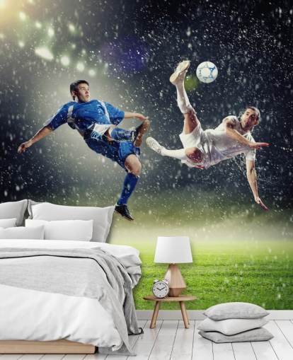 carta da parati murale con calcio personalizzabile blu, verde e bianco chiamata Two Football Players Striking the Ball per la camera dei bambini