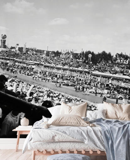mustavalkoinen muokattava autokilpailun taustakuvamaalaus nimeltä GT Cars Le Mans 24 Hour Race (1963) makuuhuoneisiin, toimistoihin ja yrityksiin