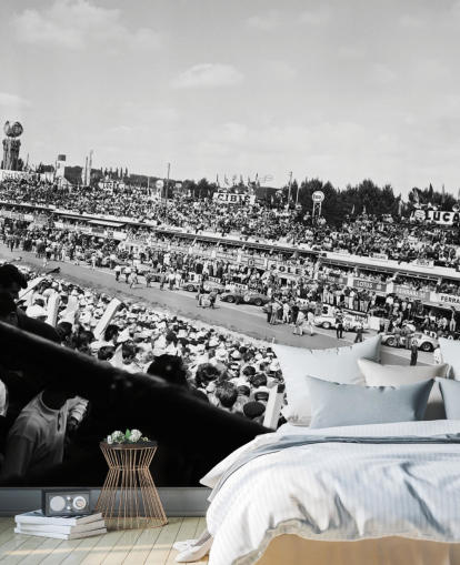 zwart-wit aanpasbare autorace-muurschildering genaamd GT Cars Le Mans 24 Hour Race (1963) voor slaapkamers, kantoren en bedrijven zwart-wit aanpasbare autorace-muurschildering genaamd GT Cars Le Mans 24 Hour Race (1963) voor slaapkamers, kantoren en bedrijven