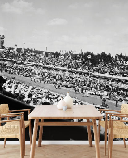 black and white customizable car racing wallpaper mural called GT Cars Le Mans 24 Hour Race (1963) for bedrooms, offices and businesses