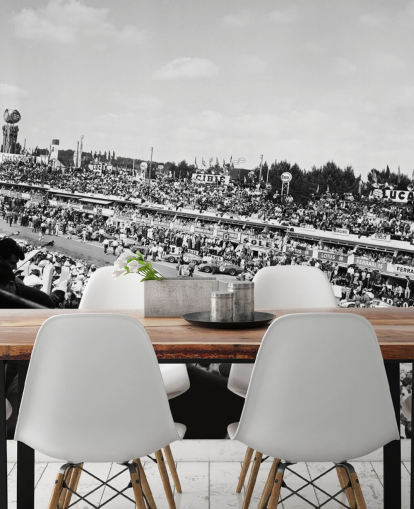 zwart-wit aanpasbare autorace-muurschildering genaamd GT Cars Le Mans 24 Hour Race (1963) voor slaapkamers, kantoren en bedrijven zwart-wit aanpasbare autorace-muurschildering genaamd GT Cars Le Mans 24 Hour Race (1963) voor slaapkamers, kantoren en bedrijven