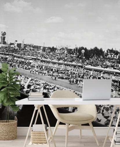 mural de papel de parede de corrida de carros personalizável em preto e branco chamado GT Cars Le Mans 24 Hour Race (1963) para quartos, escritórios e empresas