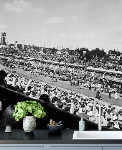 sort/hvid tilpasselig bilracing tapetmaleri kaldet GT Cars Le Mans 24 Hour Race (1963) til soveværelser, kontorer og virksomheder