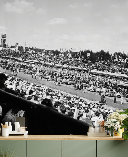 sort/hvid tilpasselig bilracing tapetmaleri kaldet GT Cars Le Mans 24 Hour Race (1963) til soveværelser, kontorer og virksomheder