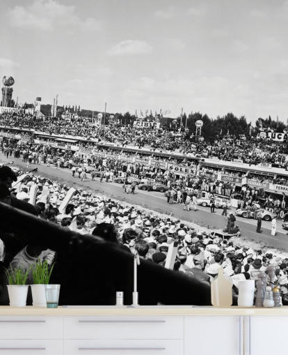 mural de papel pintado de carreras de coches personalizable en blanco y negro llamado GT Cars Le Mans 24 Hour Race (1963) para dormitorios, oficinas y negocios