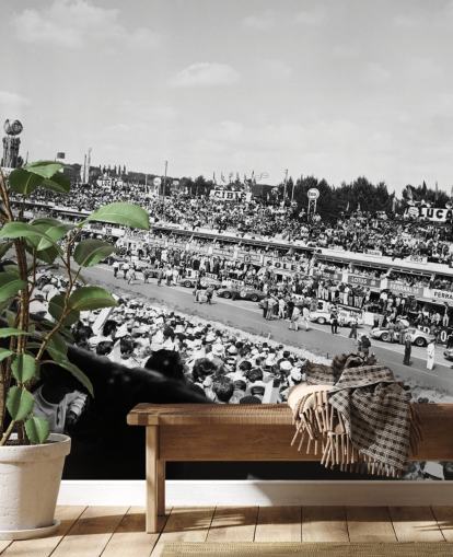 mural de papel pintado de carreras de coches personalizable en blanco y negro llamado GT Cars Le Mans 24 Hour Race (1963) para dormitorios, oficinas y negocios