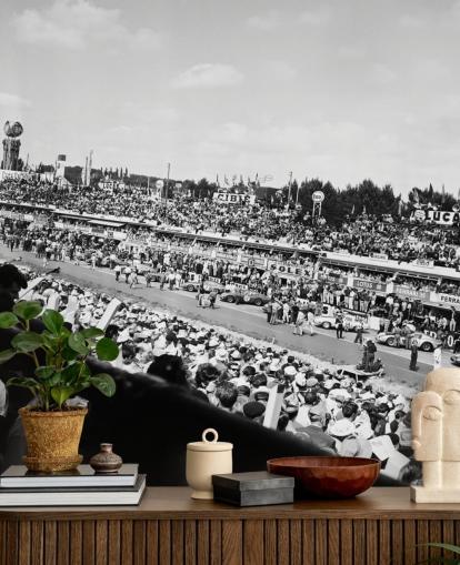 black and white customizable car racing wallpaper mural called GT Cars Le Mans 24 Hour Race (1963) for bedrooms, offices and businesses