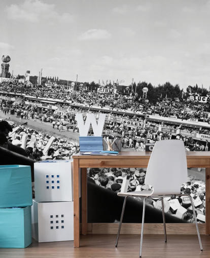 papier peint mural de course automobile personnalisable en noir et blanc appelé GT Cars Le Mans 24 Hour Race (1963) pour les chambres, les bureaux et les entreprises