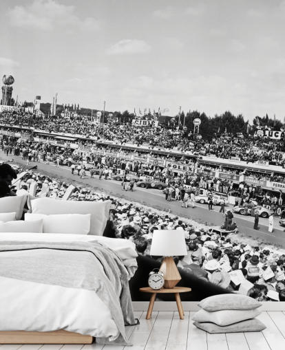 schwarz-weiße personalisierbare Autorenn-Tapete mit dem Titel GT Cars Le Mans 24 Hour Race (1963) für Schlafzimmer, Büros und Unternehmen