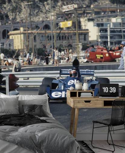 Blauwe raceauto behang