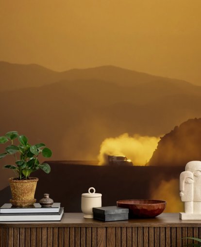 Car on Dusty Mountain Road at Sunset Wallpaper Car on Dusty Mountain Road at Sunset Wallpaper