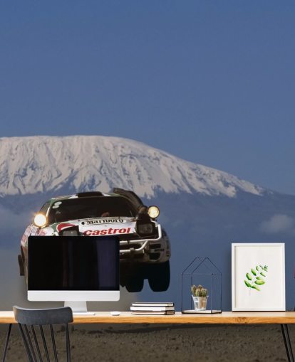 Valkoinen ralliauto ilmataustakuvassa