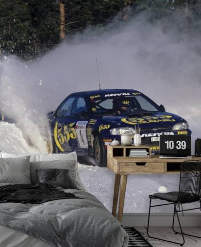 Billøp i snø veggmaleri