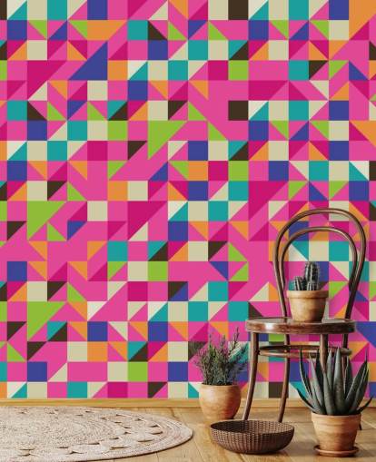 Multi-Coloured and Pink Geometric Wall Mural
