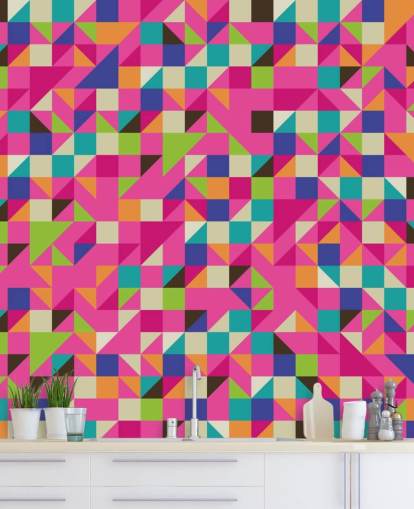 Veelkleurige en roze geometrische muurschildering Veelkleurige en roze geometrische muurschildering