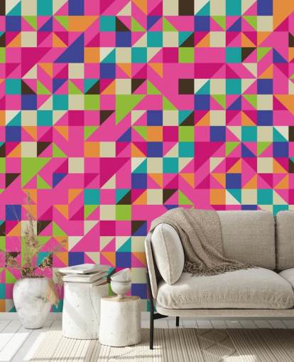 Mural de parede geométrico multicolorido e rosa