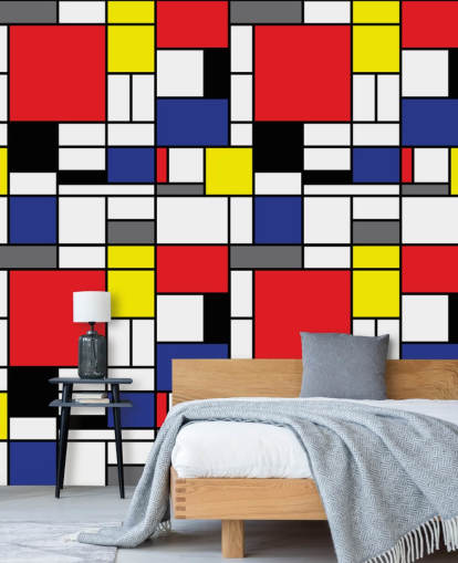 Färgglada retro geometriska Mondrain-inspirerade tapeter för vardagsrum och kontor
