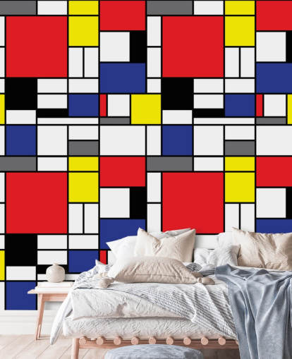 Papel de parede colorido retrô geométrico inspirado em Mondrain para salas de estar e escritórios