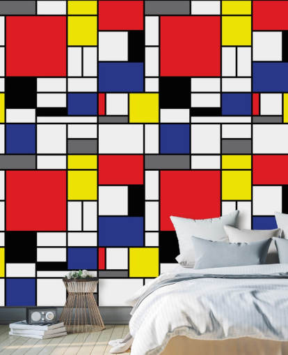 Colorido papel pintado geométrico retro inspirado en Mondrain para salas de estar y oficinas Colorido papel pintado geométrico retro inspirado en Mondrain para salas de estar y oficinas