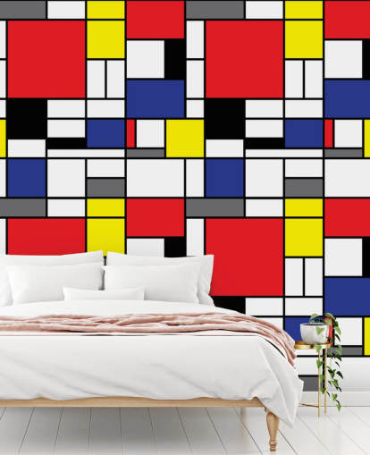 Colorful Retro Geometric Mondrain Inspired Wallpaper for living rooms and offices
