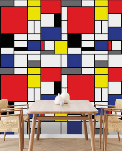 Colourful Retro Geometric Mondrain Inspired Wallpaper for living rooms and offices