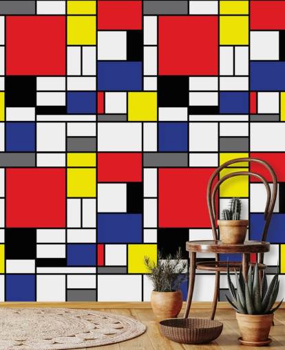 Farbenfrohe geometrische Retro-Tapete im Mondrain-Design für Wohnzimmer und Büro