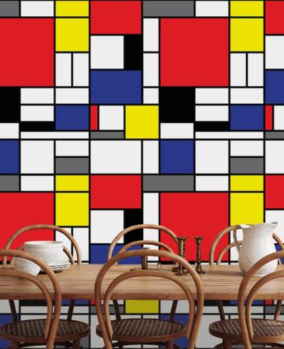 Farbenfrohe geometrische Retro-Tapete im Mondrain-Design für Wohnzimmer und Büro