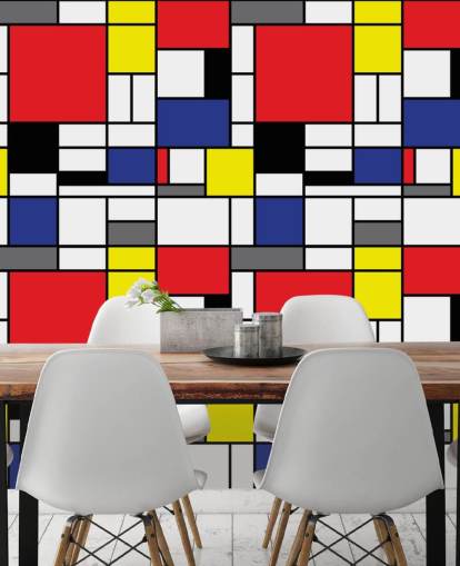 Färgglada retro geometriska Mondrain-inspirerade tapeter för vardagsrum och kontor