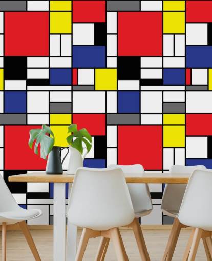 Farbenfrohe geometrische Retro-Tapete im Mondrain-Design für Wohnzimmer und Büro Farbenfrohe geometrische Retro-Tapete im Mondrain-Design für Wohnzimmer und Büro