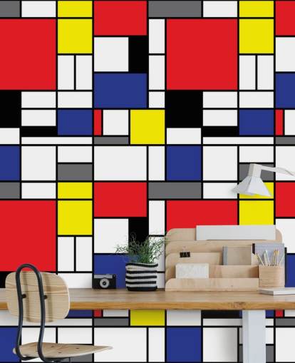 Carta da parati colorata con motivi geometrici retrò ispirati a Mondrain per salotti e uffici