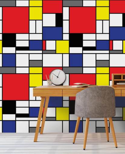 Papel de parede colorido retrô geométrico inspirado em Mondrain para salas de estar e escritórios