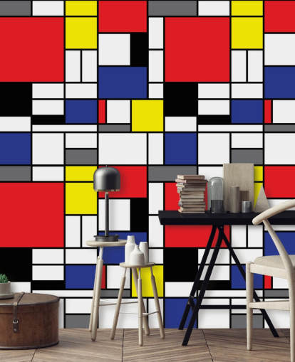 Colorful Retro Geometric Mondrain Inspired Wallpaper for living rooms and offices