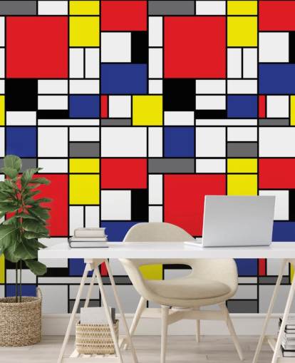 Colorido papel pintado geométrico retro inspirado en Mondrain para salas de estar y oficinas