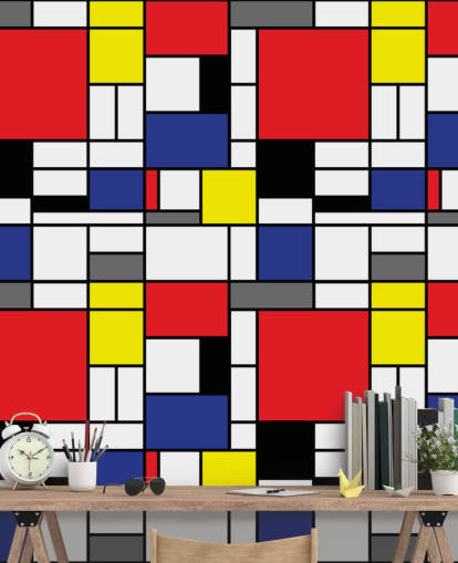 Colorful Retro Geometric Mondrain Inspired Wallpaper for living rooms and offices