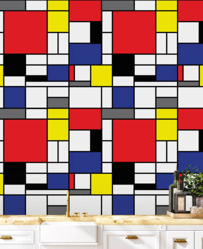 Kleurrijk retro geometrisch op Mondrain geïnspireerd behang voor woonkamers en kantoren Kleurrijk retro geometrisch op Mondrain geïnspireerd behang voor woonkamers en kantoren