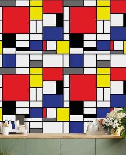 Colourful Retro Geometric Mondrain Inspired Wallpaper for living rooms and offices