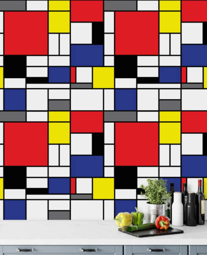 Farverigt retro geometrisk Mondrain inspireret tapet til stuer og kontorer Farverigt retro geometrisk Mondrain inspireret tapet til stuer og kontorer