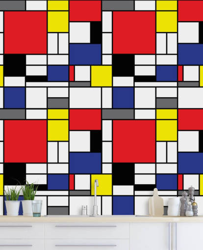 Färgglada retro geometriska Mondrain-inspirerade tapeter för vardagsrum och kontor Färgglada retro geometriska Mondrain-inspirerade tapeter för vardagsrum och kontor