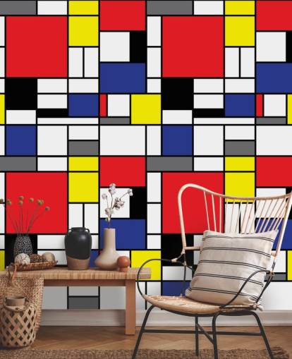 Fargerikt retro geometrisk Mondrain-inspirert tapet for stuer og kontorer