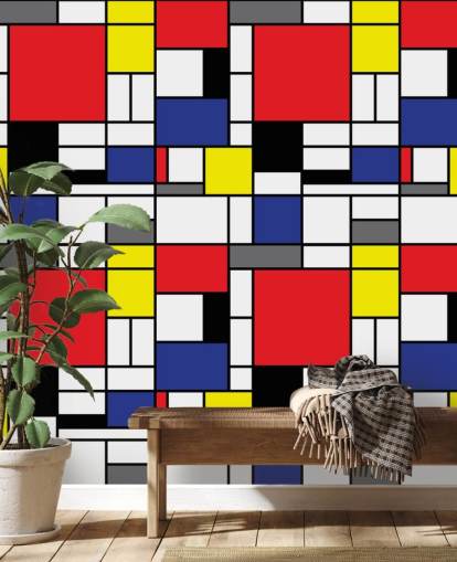 Colorful Retro Geometric Mondrain Inspired Wallpaper for living rooms and offices