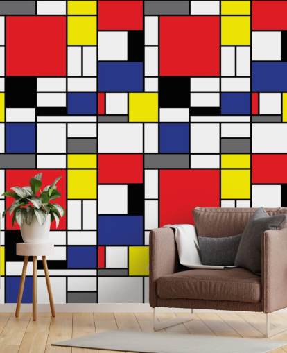 Colorido papel pintado geométrico retro inspirado en Mondrain para salas de estar y oficinas