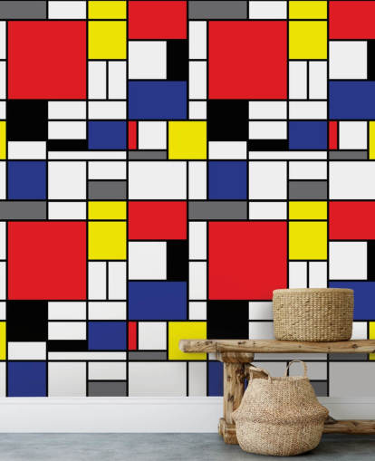 Colorful Retro Geometric Mondrain Inspired Wallpaper for living rooms and offices