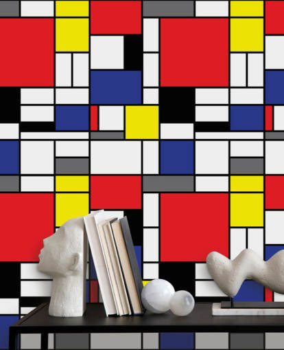 Papier peint coloré inspiré de Mondrain géométrique rétro pour les salons et les bureaux