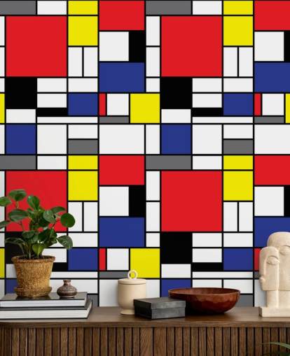Carta da parati colorata con motivi geometrici retrò ispirati a Mondrain per salotti e uffici