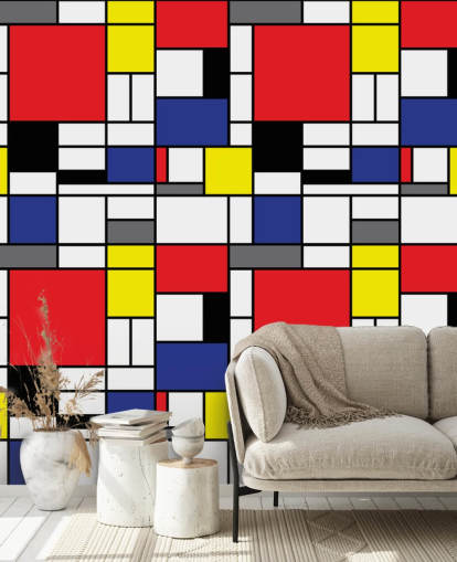 Colorful Retro Geometric Mondrain Inspired Wallpaper for living rooms and offices