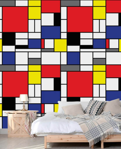 Kleurrijk retro geometrisch op Mondrain geïnspireerd behang voor woonkamers en kantoren