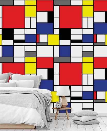 Colorido papel pintado geométrico retro inspirado en Mondrain para salas de estar y oficinas